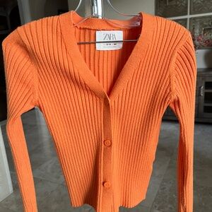 Zara Girls Orange Ribbed Cardigan Sweater Size 14-16
